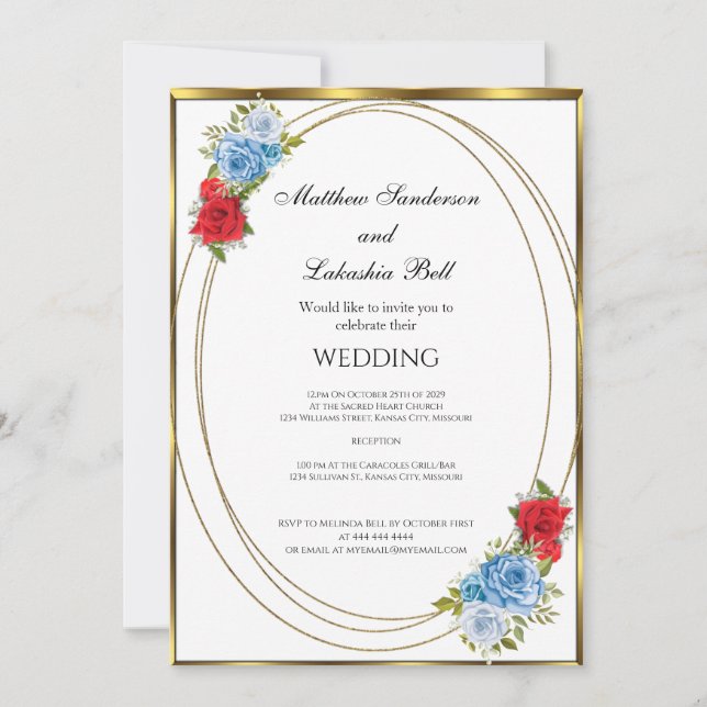 Convites Casamento Branco Azul Flores Vermelhas dourado Ele (Frente)