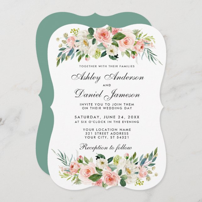 Convites Casamento Branco Blush Floral Cor-de-Água GBB (Frente/Verso)