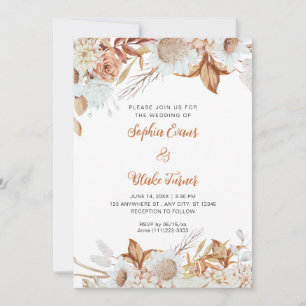Convites Casamento Branco Boho com Flores Marrons Rústicas