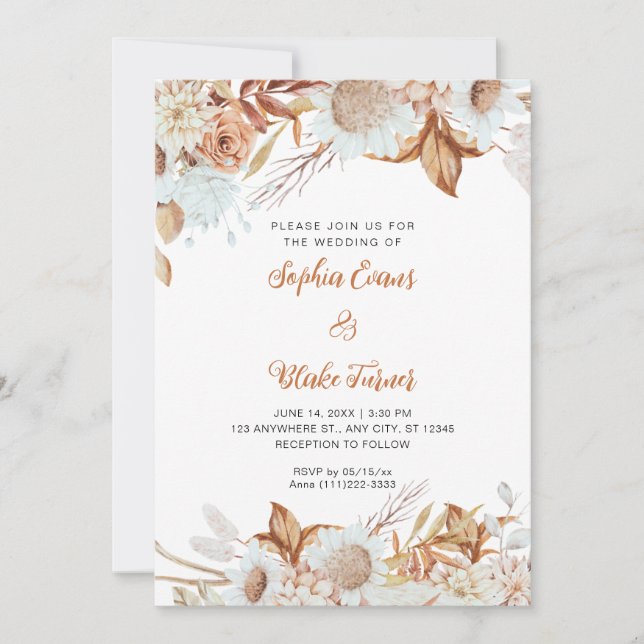 Convites Casamento Branco Boho com Flores Marrons Rústicas (Frente)