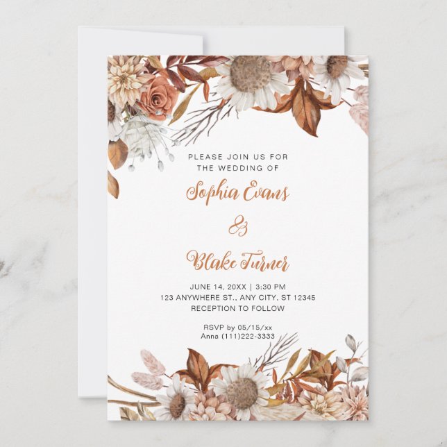 Convites Casamento Branco Boho com Flores Marrons Rústicas (Frente)