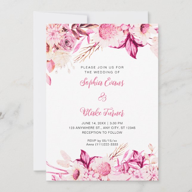 Convites Casamento Branco Boho com Flores Rosa e Branca (Frente)