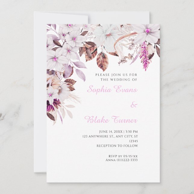 Convites Casamento Branco Boho com Flores Rosa Outono Branc (Frente)
