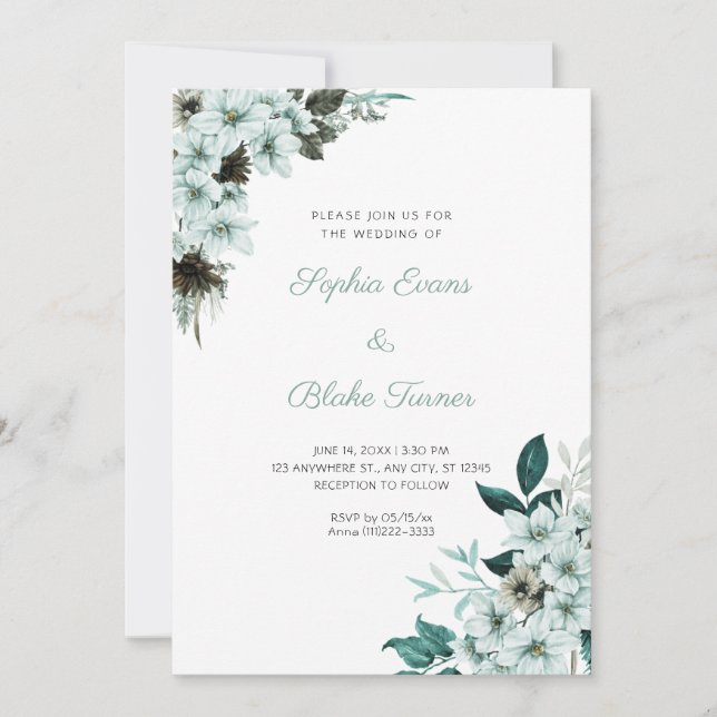 Convites Casamento Branco Boho Flores Verde Rústico (Frente)