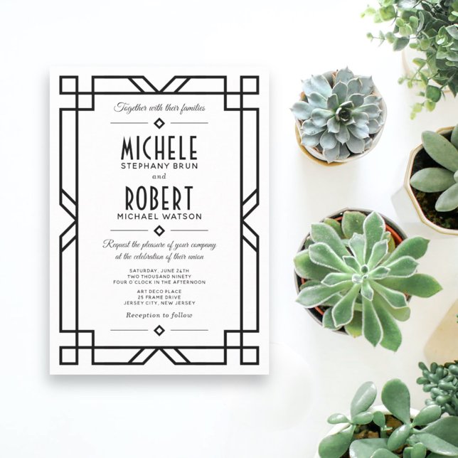 Convites Casamento Branco Clássico Art Deco Moderno Quadro  (Criador carregado)