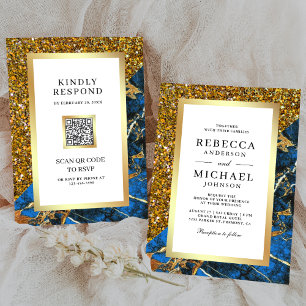 Convites Casamento Branco Código QR Azul Real Mármore Doura