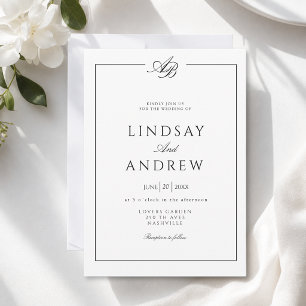 Convites Casamento Branco com Borda de Monograma Elegante