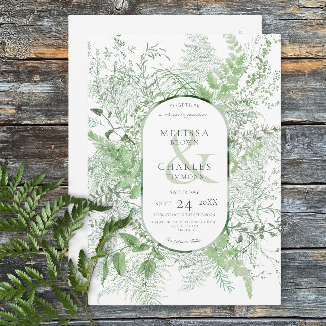 Convites Casamento Branco com Folhagem Verde de Samambaia R (Rustic Fern Green Foliage White Wedding Invitation)