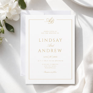 Convites Casamento Branco com Fronteira de Monograma Elegan