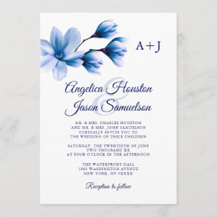 Convites Casamento Branco com Marinho Azul Floral de Cor V