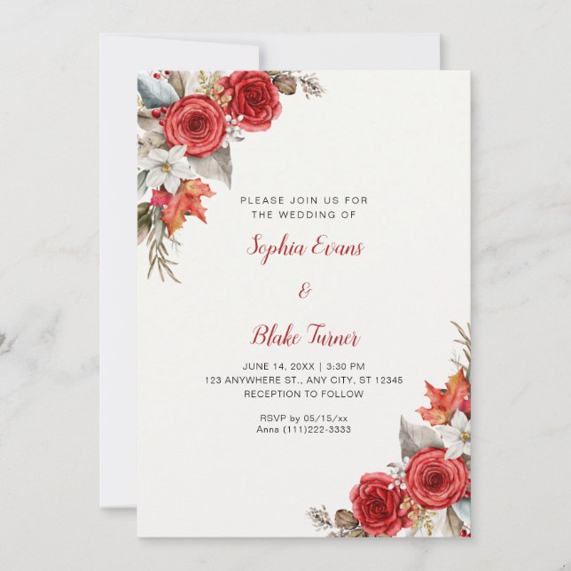 Convites Casamento Branco com Rosas Vermelhas Rústicas Eleg (Frente)