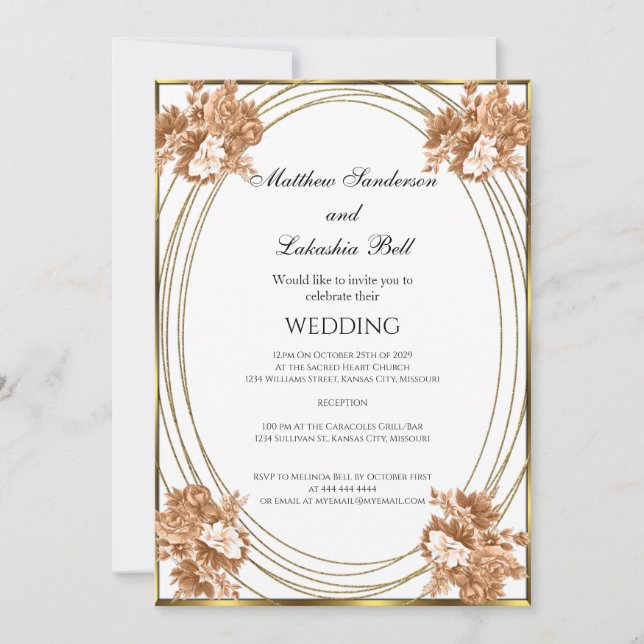 Convites Casamento Branco Cores de Outono Flores Dourado (Frente)