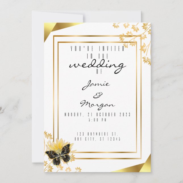 Convites Casamento Branco de Borboleta Negra e Brilhante (Frente)