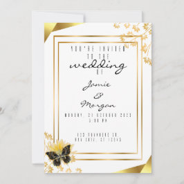 Convites Casamento Branco de Borboleta Negra e Brilhante