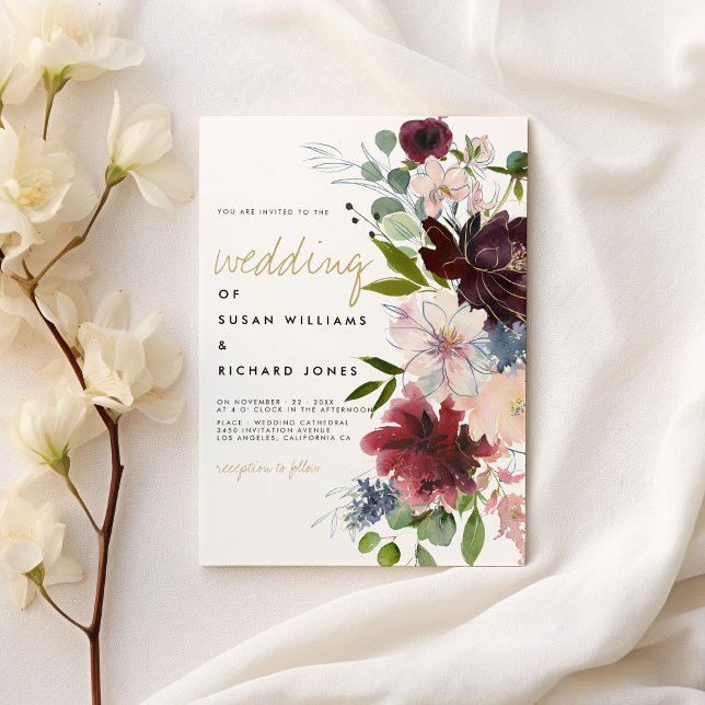 Convites Casamento branco de buquê de flor de ouro rosa-cla (Burgundy pink gold flower bouquet white wedding)