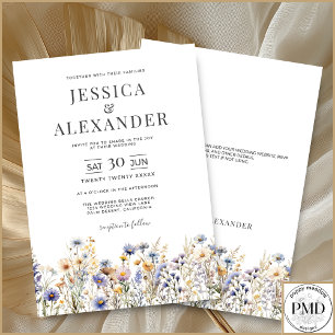 Convites Casamento Branco de Flores Selvagens Azuis Elegant
