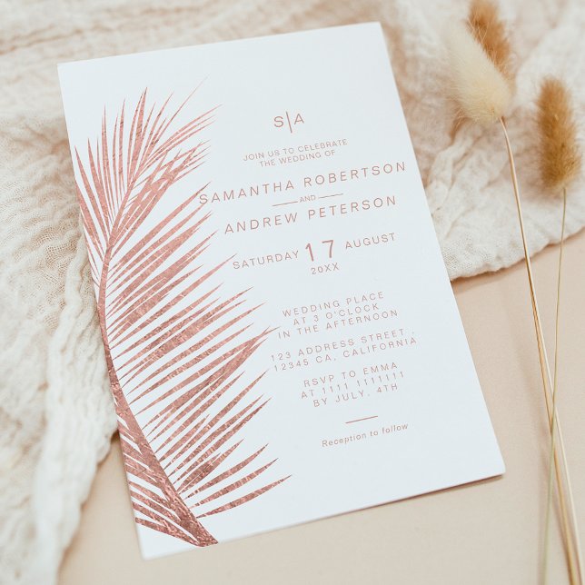 Convites Casamento branco de folha de rosa de ouro moderno (Modern rose gold palm leaf white wedding invitation)