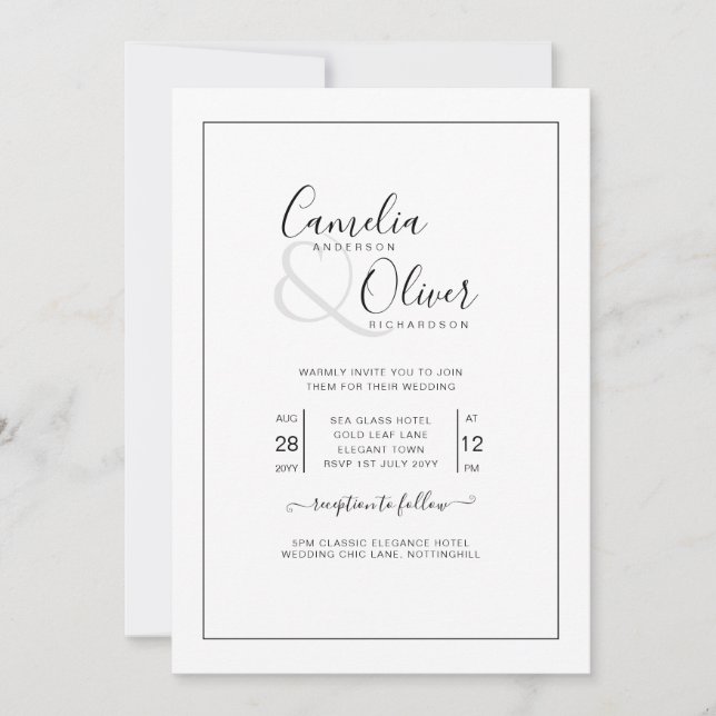 Convites Casamento Branco de Fontes Negras Clássicas All-in (Frente)