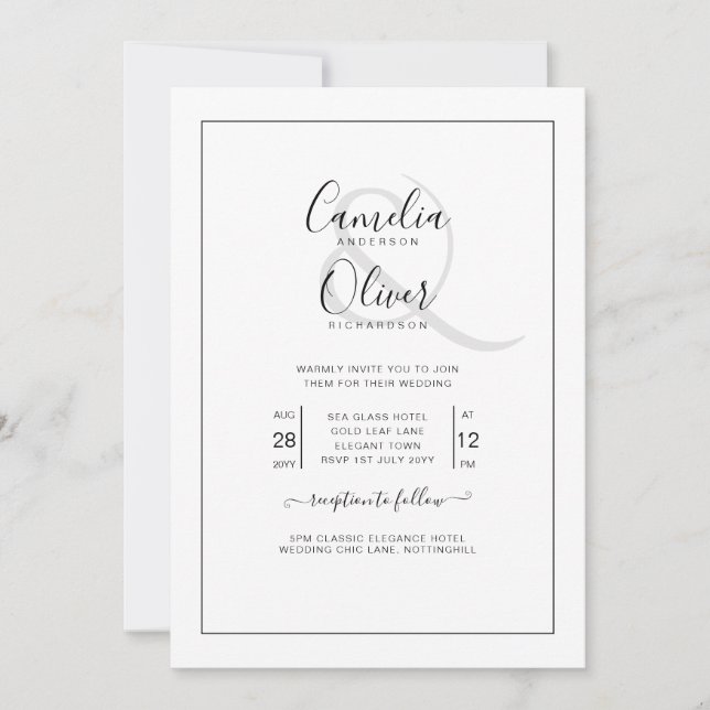 Convites Casamento Branco de Fontes Negras Clássicas All-in (Frente)