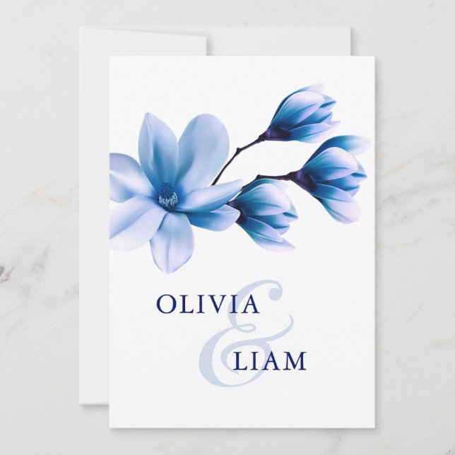 Convites Casamento Branco de Marinho Azul Floral de Aquarel (Frente)