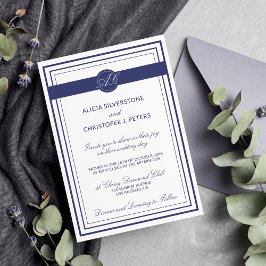 Convites Casamento Branco de Marinho Elegante Clássico