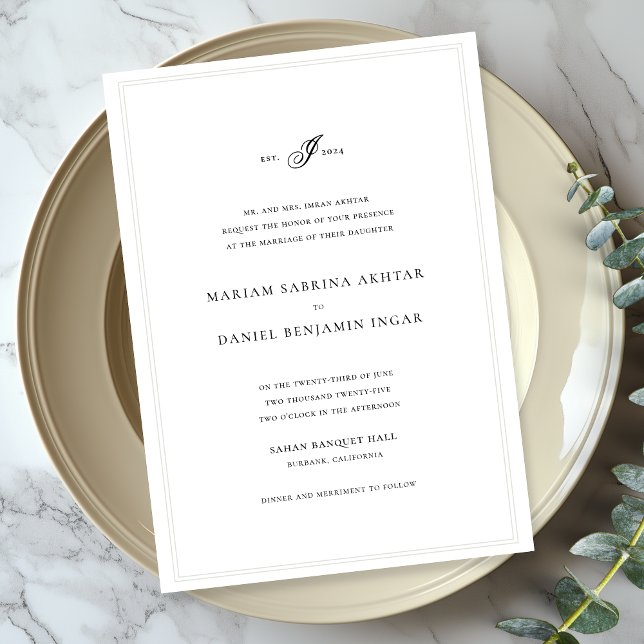 Convites Casamento Branco De Monograma Simples Elegante (Criador carregado)