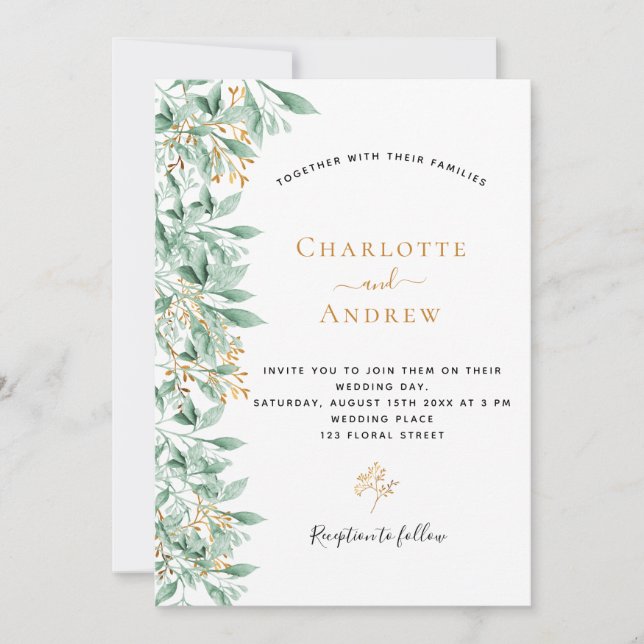 Convites Casamento branco de ouro floral verde (Frente)