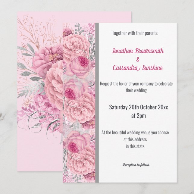 CONVITES CASAMENTO BRANCO DE PINCO DE ROSA FLORAL TRIM (Frente/Verso)