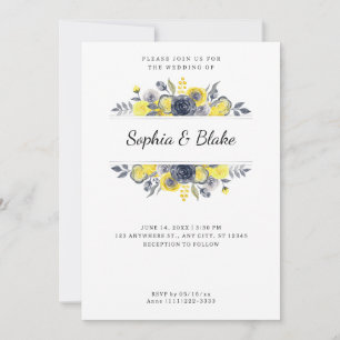 Convites Casamento Branco de Quadro Floral Amarelo e Azul