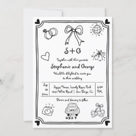 Convites Casamento branco de rabisco desenhado à mão QR