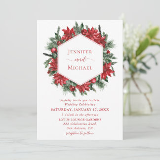 Convites Casamento Branco de Red Poinsettia Pine Greenery W