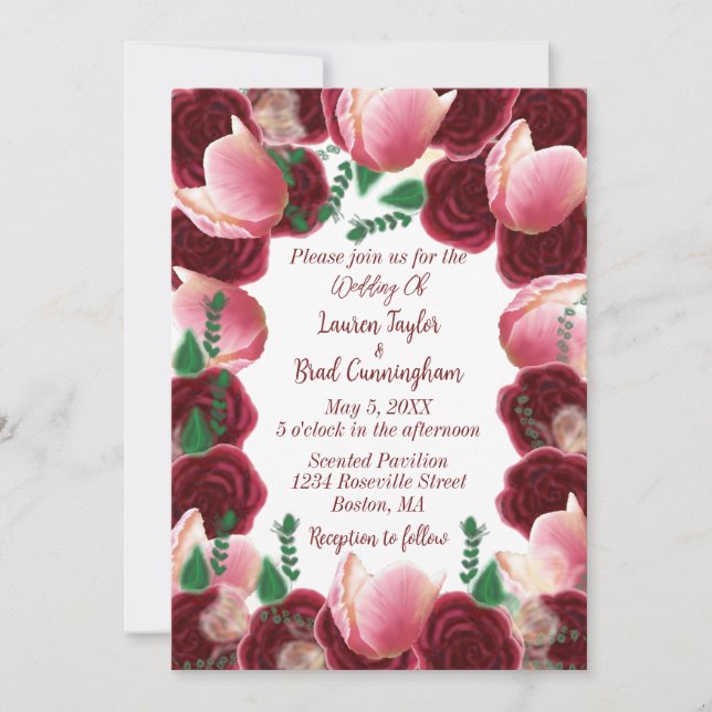 Convites Casamento Branco de Rosa Burgundy & Blush Pink Ele (Frente)