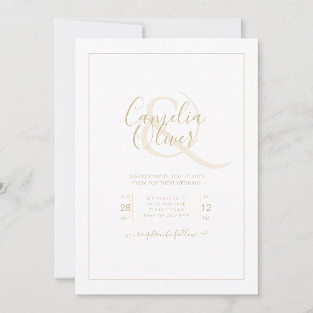 Convites Casamento branco de texto Dourado clássico multifu (Frente)