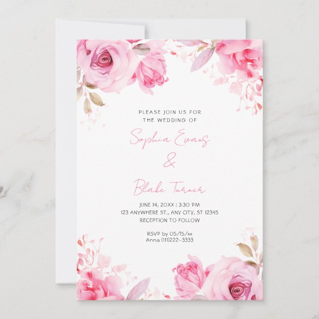 Convites Casamento Branco de Verão de Rosas Rosa Românticas (Frente)