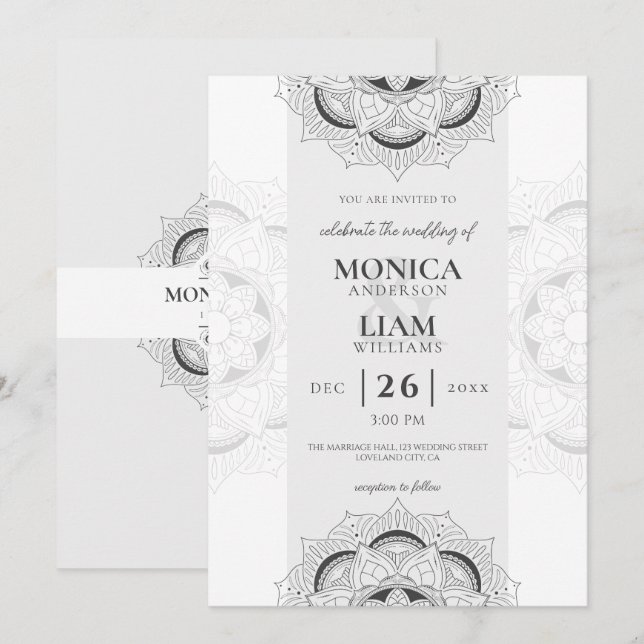 Convites Casamento Branco do Elegante Clássico Boho Mandala (Frente/Verso)
