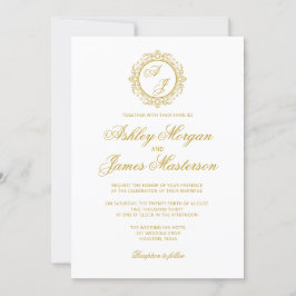 Convites Casamento branco Dourado de monograma, luxo elegan