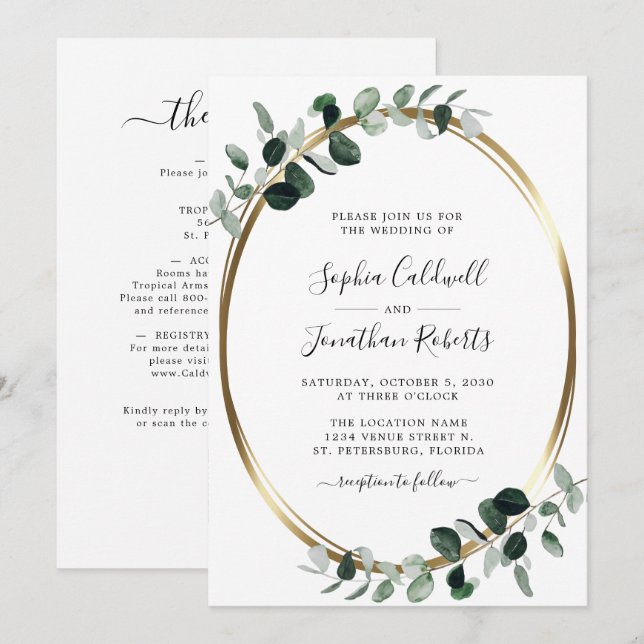 Convites Casamento branco Dourado Eucalyptus com código QR  (Frente/Verso)