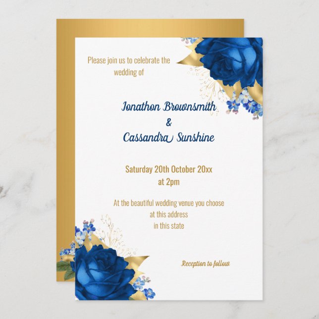 CONVITES CASAMENTO BRANCO DOURADO FLORAL AZUL SIMPLES (Frente/Verso)