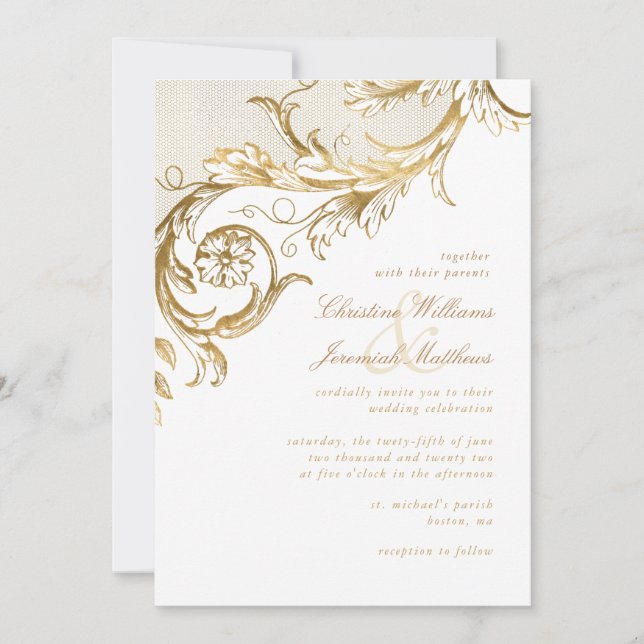 Convites Casamento Branco Dourado Floral Damask Script Vint (Frente)