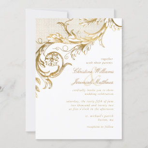 Convites Casamento Branco Dourado Floral Damask Script Vint