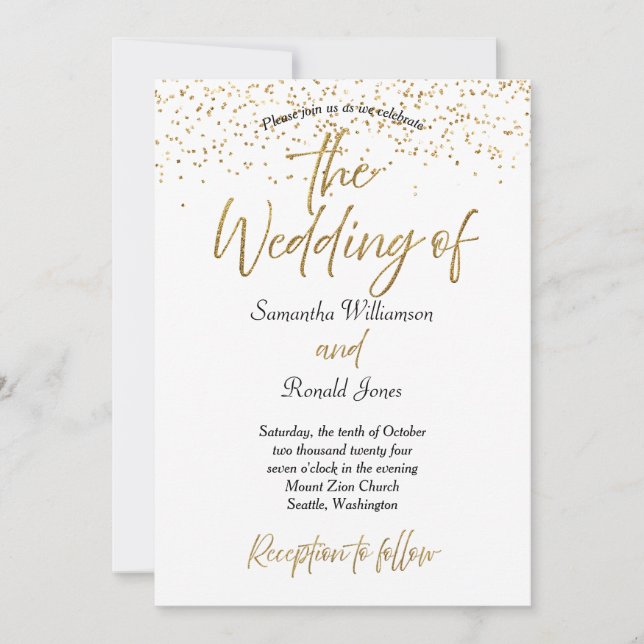 Convites Casamento branco e Dourado com brilho (Frente)