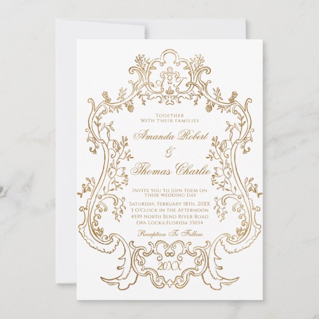 Convites Casamento Branco e Dourado Vitoriano  (Frente)