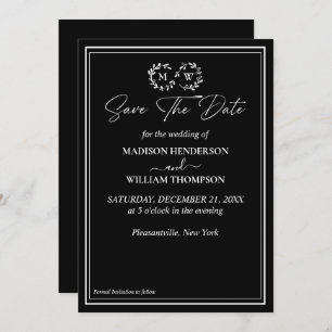 Convites Casamento Branco e Negro Clássico Salvar a Data