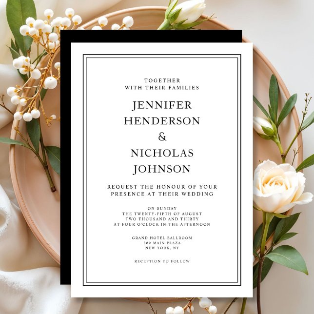 Convites Casamento Branco E Preto Clássico Elegante (Elegant Classic Black And White Wedding Invitation)