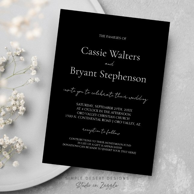 Convites Casamento Branco e Preto com Script Moderno Elegan (Modern Minimalist Elegant Black and White Wedding Invitation with Simple Typography and Calligraphy)