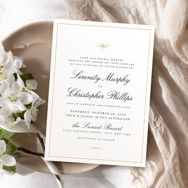 Convites Casamento Branco E Preto Da Elegância Clássica (Classic Elegance Script Black And White Wedding Invitation)