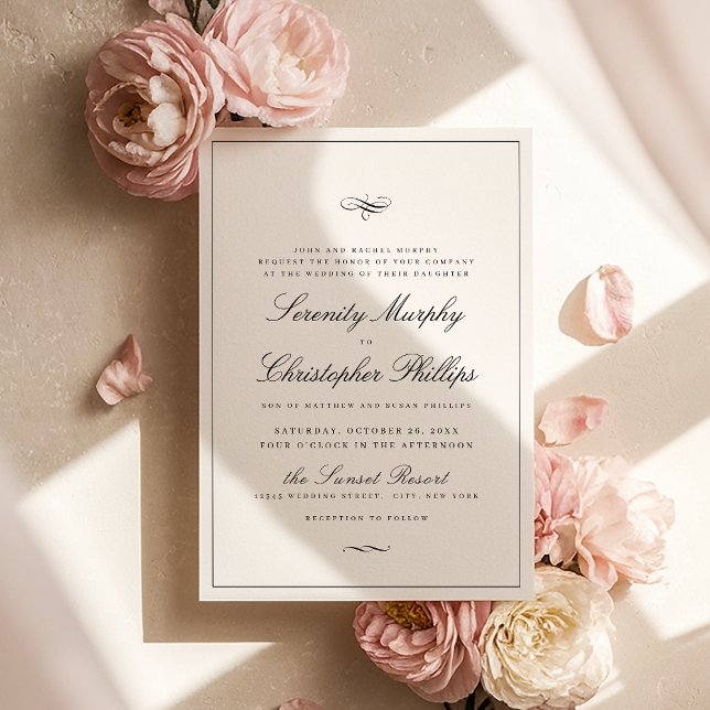 Convites Casamento Branco E Preto Da Elegância Clássica (Classic Elegance Script Black And White Wedding In Invitation)