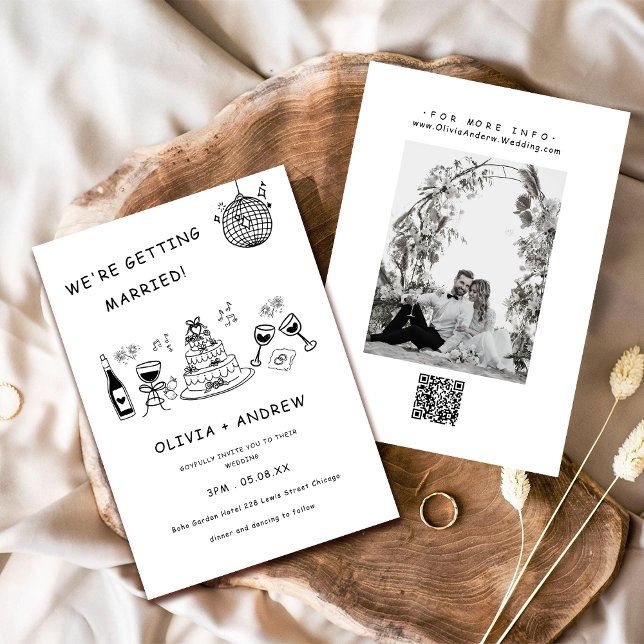 Convites Casamento branco e preto desenhado à mão (Criador carregado)