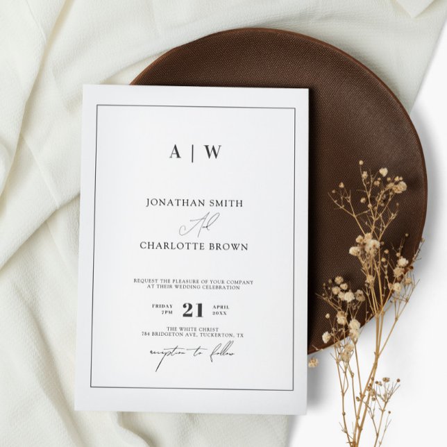 Convites Casamento Branco e Preto do Monograma Clássico (Criador carregado)