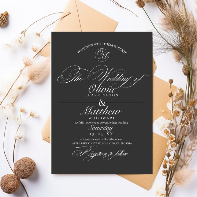 Convites Casamento Branco e Preto do Script Elegante Clássi (Criador carregado)
